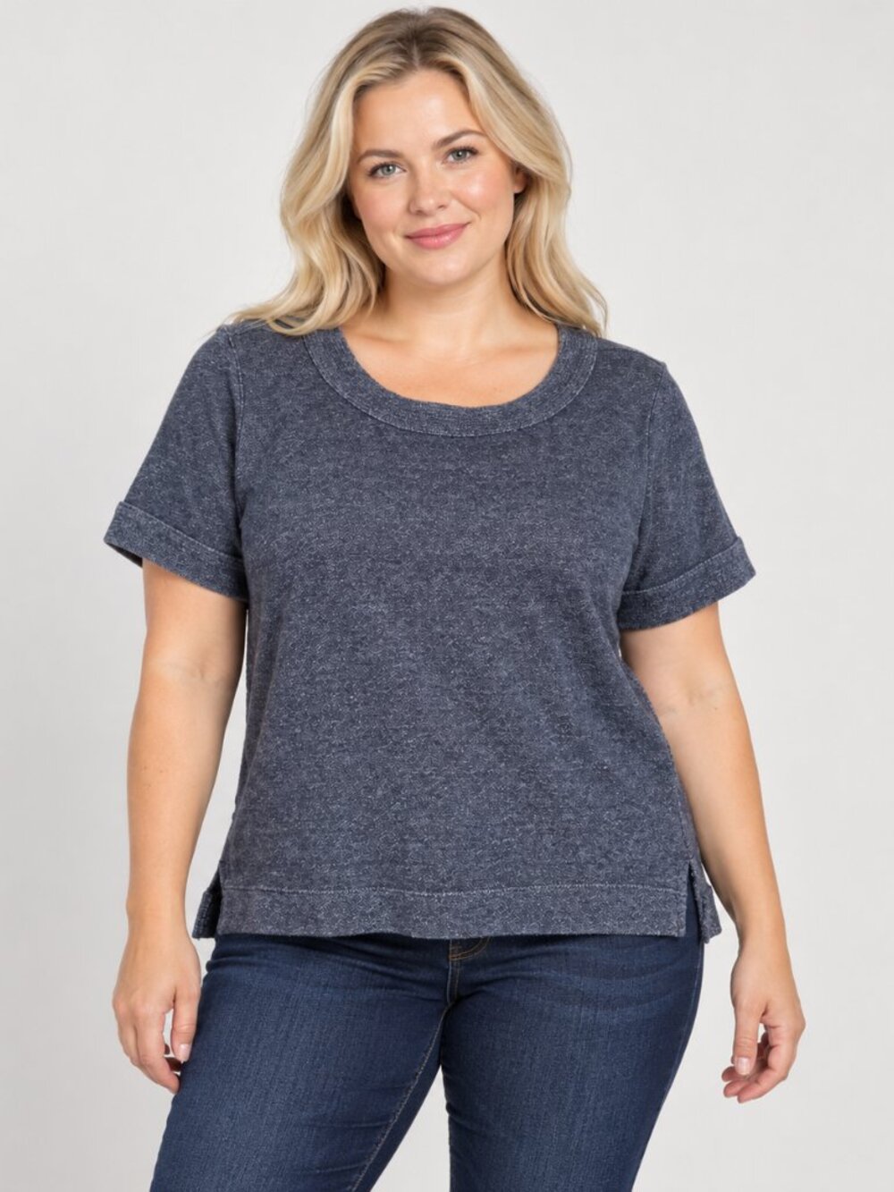 Banana Republic Womens L Navy Heather Short Sleeve Cotton Blend Sweatshirt Top